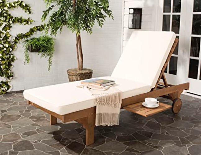SAFAVIEH Outdoor Collection Newport Natural/ Beige Cushion Built-in Side Table Adjustable Chaise Lounge Chair - Natural / Beige