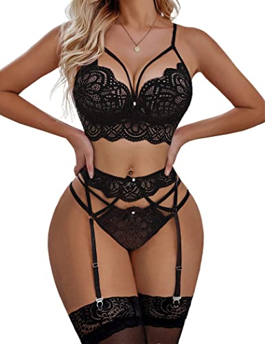 Avidlove Women Lingerie Set with Garter Belts Sexy Bra and Panty Set Lace Teddy Bodysuit - Small - Black