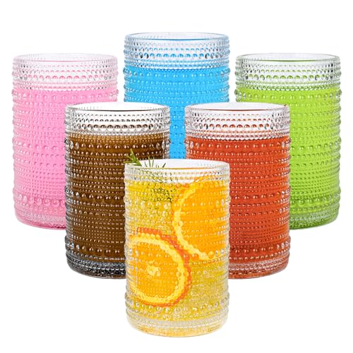 Amyoole 15oz Hobnail Drinking Glasses Set of 6,Clear Vintage Glassware Embossed Water Tumbler,Cocktail Glass Cups for Beer,Whiskey,Juice and Various Mixed Drinks - 15oz