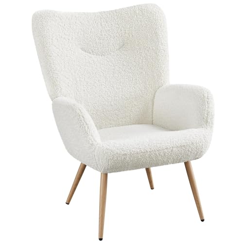 Yaheetech Boucle Fabric Accent Chair, Sherpa Furry Casual Chair with High Back and Soft Padded, Modern Fuzzy Sherpa Chair, Cozy Armchair for Living Room Bedroom Study, White - 1 - White