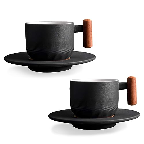 CLASGLAZ 6oz Ceramic Espresso Cup and Saucer Porcelain Latte Cup Wooden Handle Cappuccino Cup Demitasse Cup (Black-2) - Black-2
