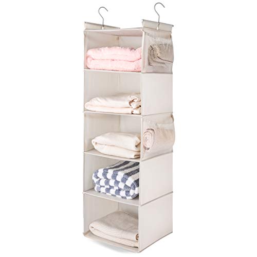 MAX Houser 5 Shelf Hanging Closet Organizer, Space Saver, Cloth Hanging Shelves with 4 Side Pockets, Foldable, Beige - 1 Pack - Beige