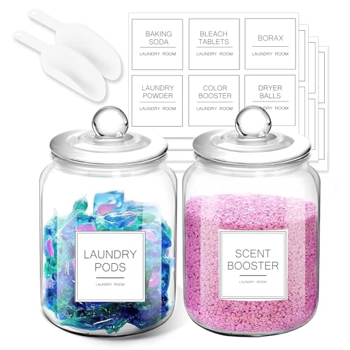 FyndraX Laundry Pods Glass Jars - Half Gallon Airtight Containers with Scoop and Labels for Organization and Storage Laundry Room Detergents Powder, Scent Booster Beads Holder, Set of 2 - 2 Pack