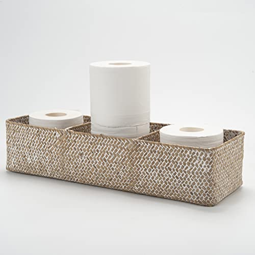 Seagrass Tank Basket for Toilet Paper 3 Sections Woven Storage Basket with Large Compartment Whitewash (16.5inch x 5.5inch x 3.5inch) - Whitewash - 3 sections no lid