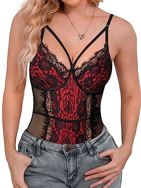 popiv Womens Sexy Lace Bodysuit Eyelash Corset Top Bustier Cami Tops Snap Crotch Teddy Lingerie Going Out Tank Top