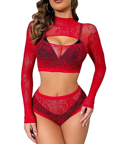Buitifo Womens Lingerie Set Fishnet BabyDoll Bodysuit Front Open Sexy Nightwear - Red T90a - One Size