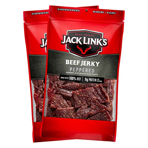 Jack Link's Beef Jerky, Peppered – Flavorful Everyday Snack with a Pepper Kick, 10g of Protein and 80 Calories, Made with 100% Beef – 96% Fat Free, No Added MSG** – 9 Oz. (Pack of 2) - Peppered