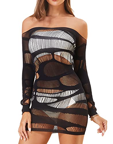 Lemon Girl Women Fishnet Lingerie Babydolls Chemise Long Sleeve Stocking Mini Dress Size US2-18 - One Size - Black
