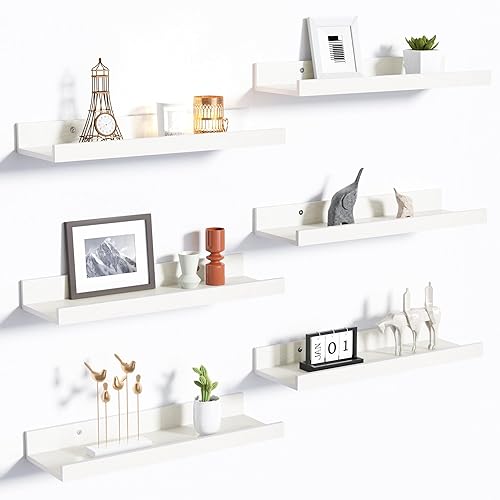 upsimples Floating Shelves for Wall, Wood Mounted Shelf Decor Storage Set of 6, for Bedroom, Living Room, Bathroom, Kitchen, Picture Ledge, White - White - 15.7in