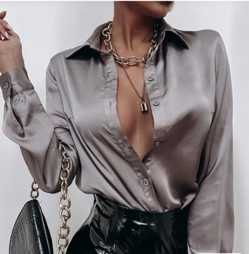 SHEIN BAE Satin Solid Button Front Shirt | SHEIN USA