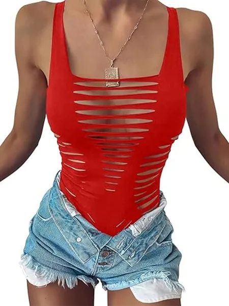 GOKATOSAU Women's Sexy Summer Cut Out Sleeveless Bodycon Party Bodysuits Clubwear - Red - Medium