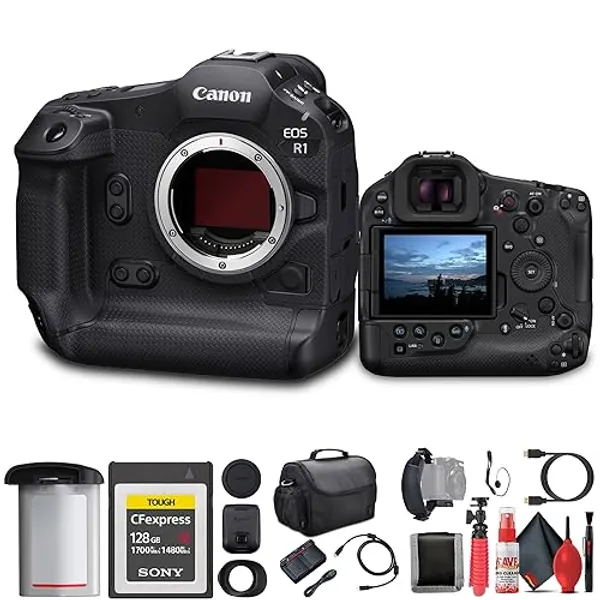 Canon EOS R1 Mirrorless Camera - 24MP, Full-Frame Stacked BSI CMOS Sensor (6577C002) + 128GB CFexpress Card + Bag + Flex Tripod + Cleaning Kit + Memory Wallet + Hand Strap + Cap Keeper (Renewed)