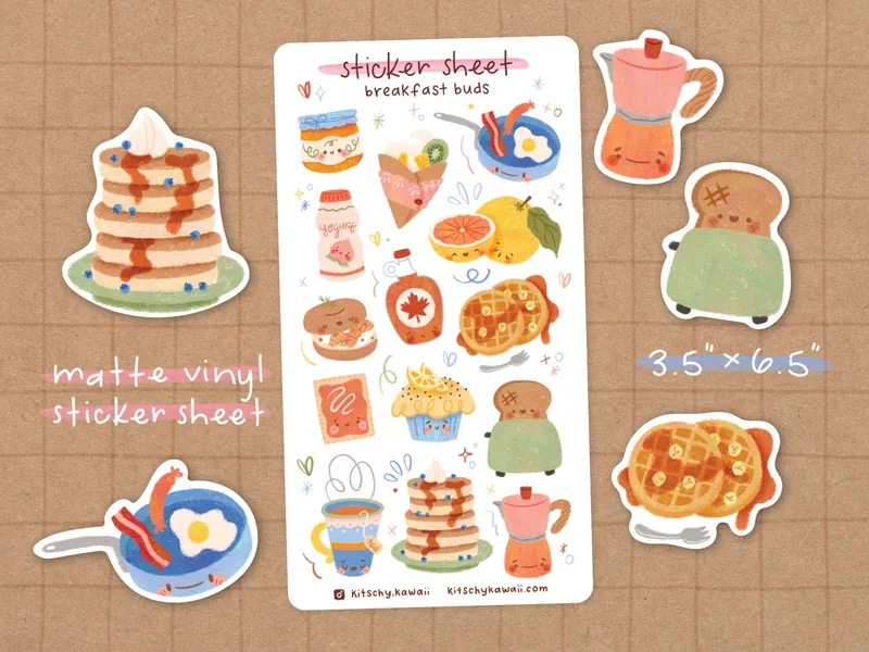 Breakfast Sticker Sheet | Food Stickers - Kawaii Stickers - Cute Stationery - Planner Stickers - Pancake - Tea Stickers - Waffle - Bacon