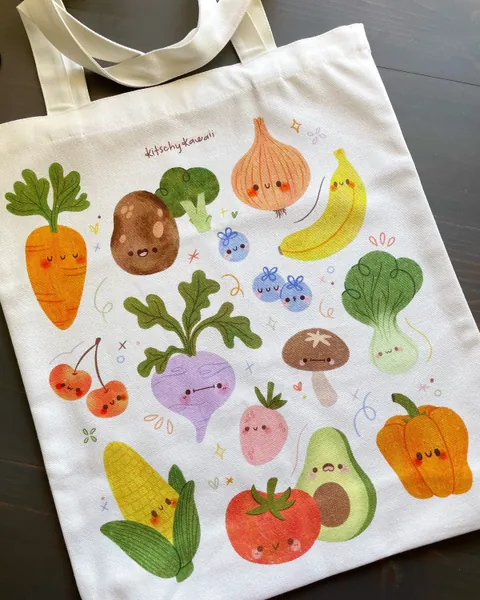 Fruit & Vegetable Tote Bag | Cute Market Bag | Kawaii Fruit | Project Bag | Shopping Bag | Veggie Tote | Farm Tote | Gardening Bag