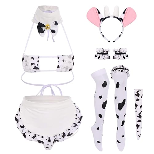 FYMNSI Women Sexy Milk Cow Lingerie Set Anime Maid Cosplay Costume Mini Bikini Bra Bodysuit with Bell Choker Stockings Outfit - One Size - Cow Maid Set