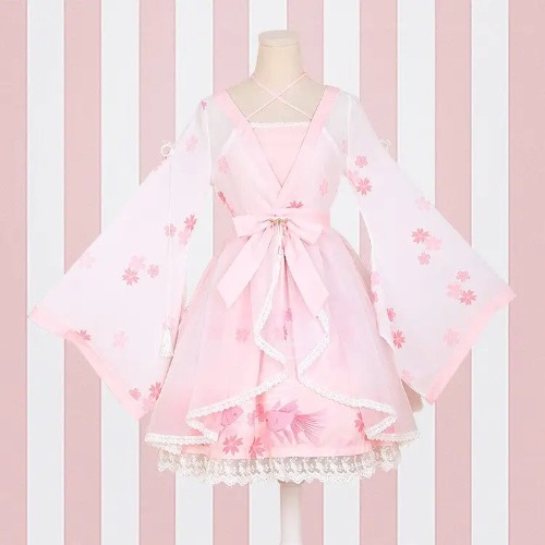 Cherry Blossom Print Kimono Dress in Pastel Pink and White - M