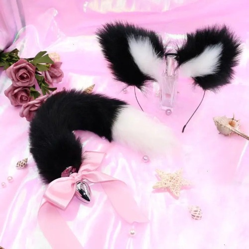 Luxurious Fox Tail Play Set with Handmade Cat Ears and Tail Plug - Black/White