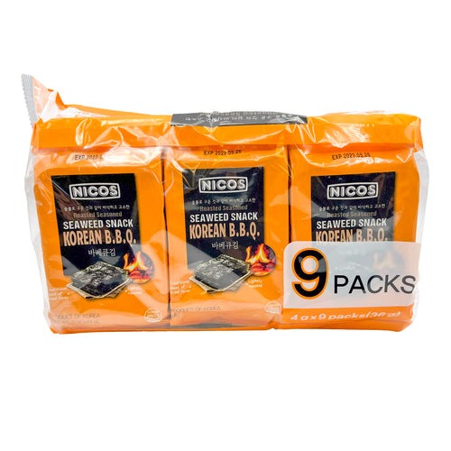 WHOLESALE NICOS SEAWEED SNACK KOREAN BBQ 12X9PK SOLD BY CASE | $3.63 / 12 / J138197
