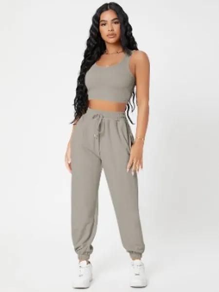 SHEIN PETITE Solid Crop Tank Top & Joggers Set