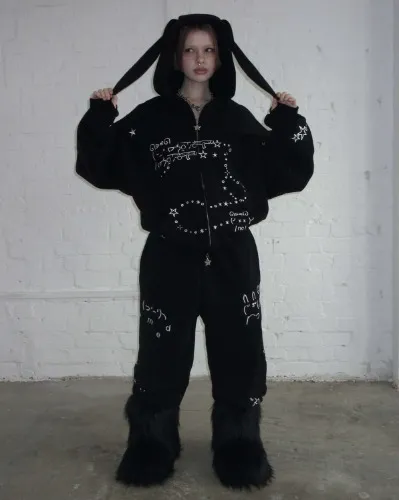 MALFUNCTION ZIP HOODIE BLACK (DETACHABLE EARS) + PANT SET | S/M