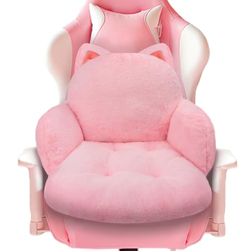 QIUODO Cute Chair Cushion, Gaming Chair Cushion with Backrest Non-Slip, Comfy Seat Cushion for Office Desk, Kawaii Chair Cushions for Gamer, Soft Chair Cushion for Room Bedroom Decor - Pink Kitty