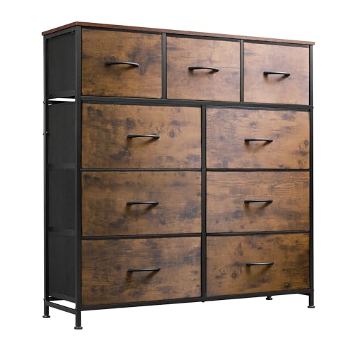 WLIVE 9-Drawer Dresser, Fabric Storage Tower for Bedroom (Rustic Brown Wood Grain Print) - Rustic Brown Wood Grain Print