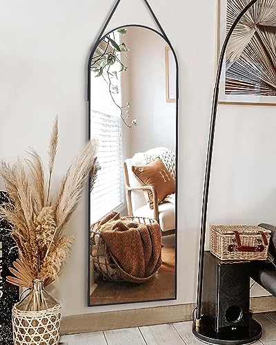 ITSRG Full Length Mirror, Arched Wall Mirror, Full Length Body Mirror, Wall Mounted Mirror with Hanging Leather Strap, Wall Mirror Full Length for Bathroom Living Room Entryway Decor(16"x48"Black) - Black