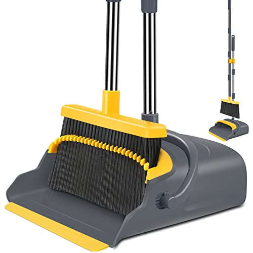 kelamayi Broom and Dustpan Set for Home，Broom and Dustpan Set, Broom Dustpan Set, Broom and Dustpan Combo for Office, Indoor&Outdoor Sweeping, Stand Up Broom and Dustpan (Gray&Yellow) - Gray&yellow