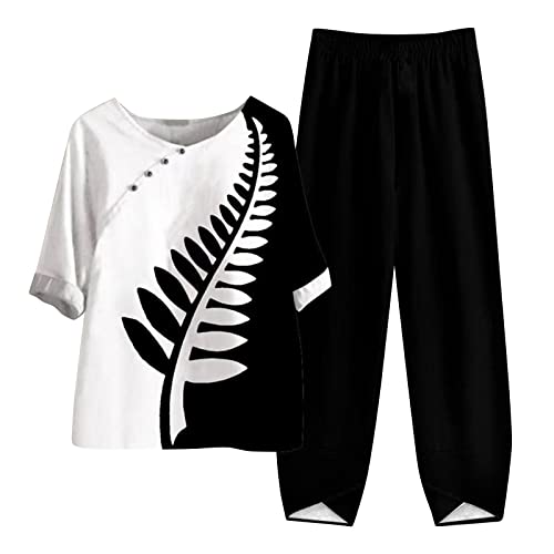 HOKCUS 2 Piece Outfits for Women Summer Half Sleeve Crewneck Plus Size Retro Printed Graphic Patchwork Tops Pants Suits - 04-black - Large