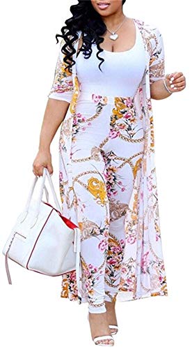 VLUNT Womens Floral Print Long Sleeve Cardigan Cover up Long Pants 2 Piece Outfits Set - X-Large - White