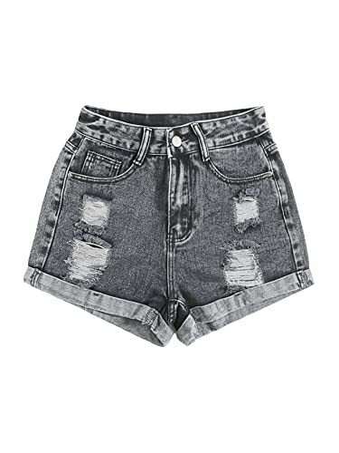 WDIRARA Women's High Waisted Ripped Rolled Hem Distressed Striaght Denim Jean Shorts - Large - Grey