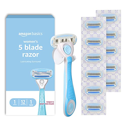 Amazon Basics 5-Blade Razor for Women, Handle, 12 Cartridges & Shower Hanger (Cartridges fit Amazon Basics Razor Handles only) (Previously Solimo) - 14 Piece Set - Razor