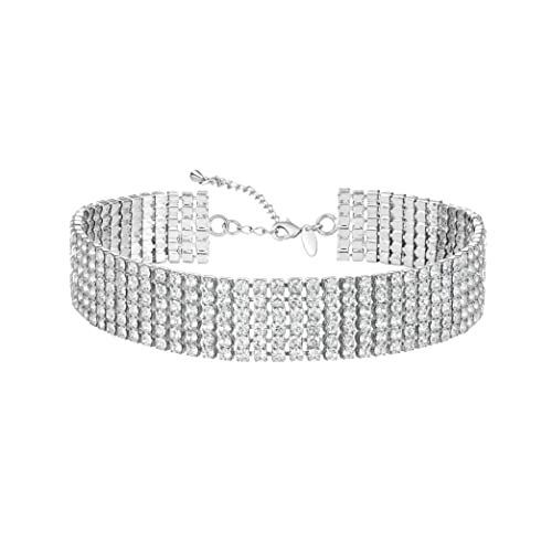 Zealmer Rhinestone Choker Necklaces Silver Sparkling Diamond Choker Crystal Rhinestone Glitter Necklace Gold Plated Jewelry Gifts for Women Girls Bridal Wedding Bridesmaid - 6 Row Silver