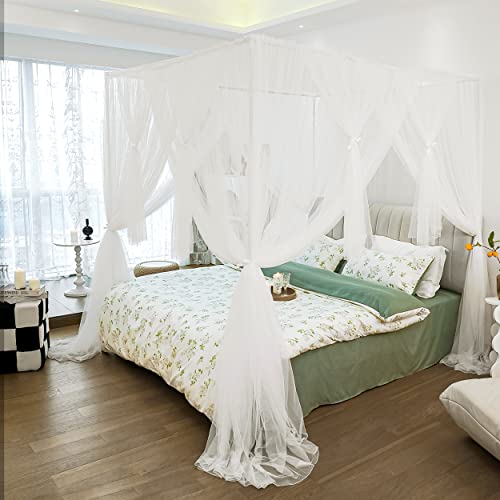 Vpory Canopy Bed Curtains - 4 Corners Post Bed Canopy Curtains for Girls & Adults, Bed Princess Bed Canopy Mosquito Net Bedroom Decoration Accessories - White, Full Size/Queen Size - Full/Queen - White