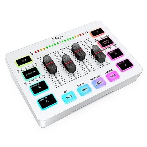 FIFINE Audio Mixer, Gaming Streaming PC Mixer with Slider Fader, XLR Microphone Interface, Monitoring, for Video/Game Voice/Podcast Recording-AmpliGame SC3W - White