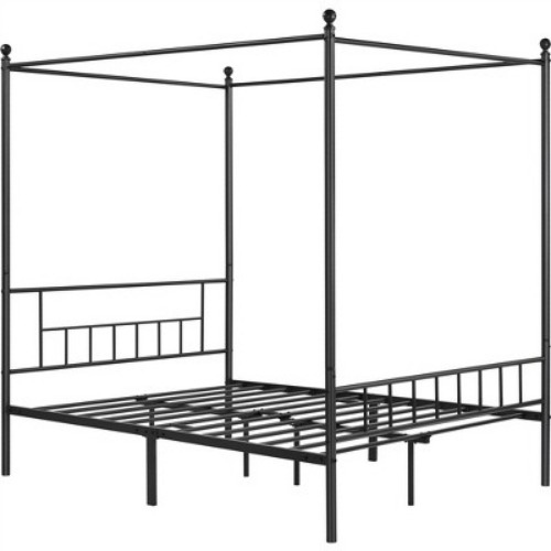 Yaheetech Metal Canopy Platform Bed Frame with Headboard and Footboard and Slatted Structure, Black(Queen)