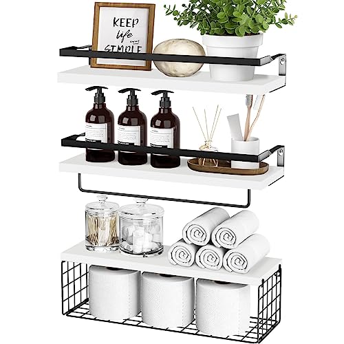 Floating Shelves with Storage Basket, Bathroom Shelves Over Toilet Paper Holder Storage Shelves, Wall Mounted Rustic Wood Shelves for Bathroom, Bedroom, Living Room, Kitchen(White, Set of 3) - White