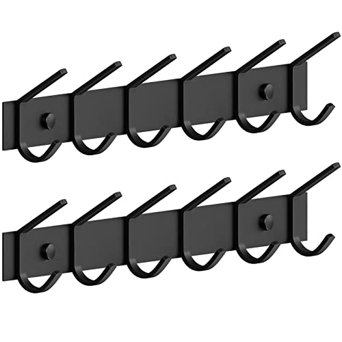 DOKU Wall Mounted Coat Rack, Metal 6 Hooks Coat Rack for Hanging, 2 PCS Coat Hanger Wall Mount, for Coat Hat Towel Purse Robes Mudroom Bathroom Entryway - Black