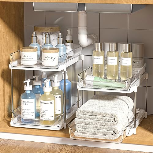 Delamu 2 Sets of 2-Tier Multi-Purpose Bathroom Under Sink Organizers and Storage, Stackable Kitchen Pantry Organization, Pull Out Medicine Cabinet Organizer with 8 Movable Dividers - 2Set-White