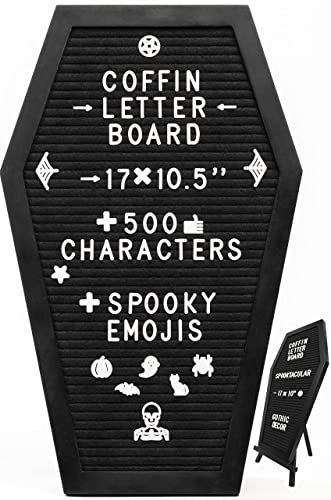 Coffin Letter Board Black With Spooky Emojis +500 Characters, and Wooden Stand - 17x10.5 Inches - Gothic Halloween Decor Spooky Gifts Decorations - Black