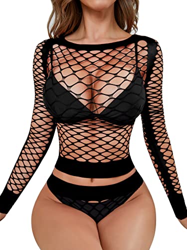 RSLOVE Women Sexy Mesh Lingerie Fishnet Babydoll Free Size Bodysuit See Through Shirts Long Sleeve Lingerie - One Size - Black