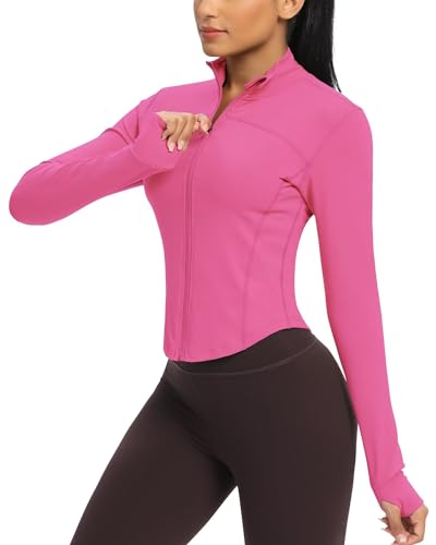 QUEENIEKE Workout Running Jackets for Women Zip Up Athletic Yoga Cropped Tops with Thumb Holes - Large - Hot Pink 220703