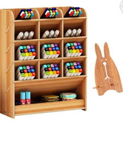 Marbrasse Wooden Pen Organizer, Multi-Functional DIY Pen Holder Box, Desktop Stationary, Easy Assembly, Home Office Art Supplies Organizer Storage with Drawer (B12-Cherry Color) : Office Products
