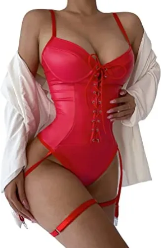 SweatyRocks Women's Leather Bodysuit Lace Up Lingerie Set with Garter