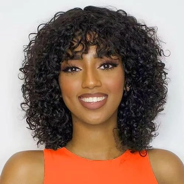 SUFEEY Real Hair Wig, 12 Inches, Short Kinky Curly Human Hair Wigs for Women, Water Wave Curly Bob Wigs, Curly, 150% Density, Human Hair Wig with Fringe Wigs, Brazilian Human Hair