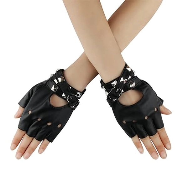 Cusfull Punk Gloves Bracelet with Rivets Half Finger Faux Leather Costume Accessory Rock Gothic Style