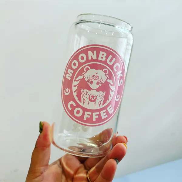 ALL PINK Moonbucks Coffee Sailor Moon Inspired Glass Can Coffee Glass with Bamboo Lid and Straw