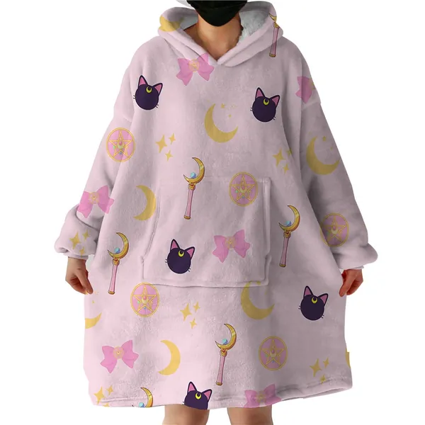 New Sailor Moon Inspired Hoodie Blanket | Cute Cartoon Anime | Warm Snuggly Oversized Sherpa Fleece | Great Gift for Her | Luna | Kawaii