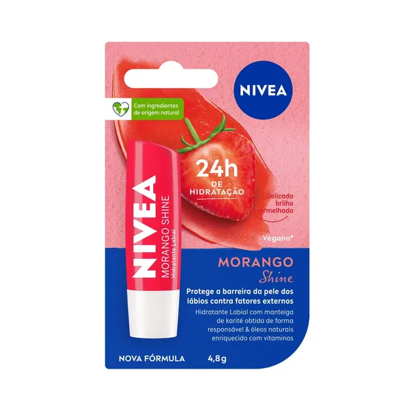 NIVEA Hidratante Labial Morango Shine 4,8g - Cuidado intensivo para seus lábios, hidratação prolongada, delicioso aroma de morango, pigmentos brilhantes e cor delicada