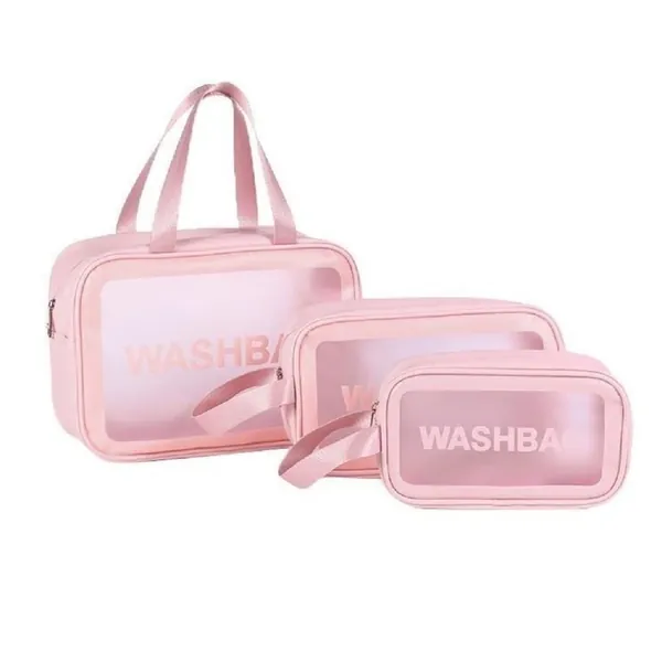 Kit Necessaire Transparente Organizador Maquiagem Bolsa Mala Cor:Rosa - Rosa